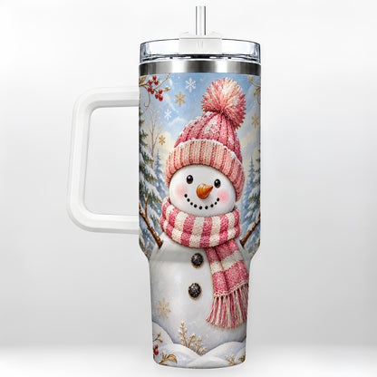 Pink Snowman 40oz Tumbler with Handle, Winter Stainless Steel Travel Cup