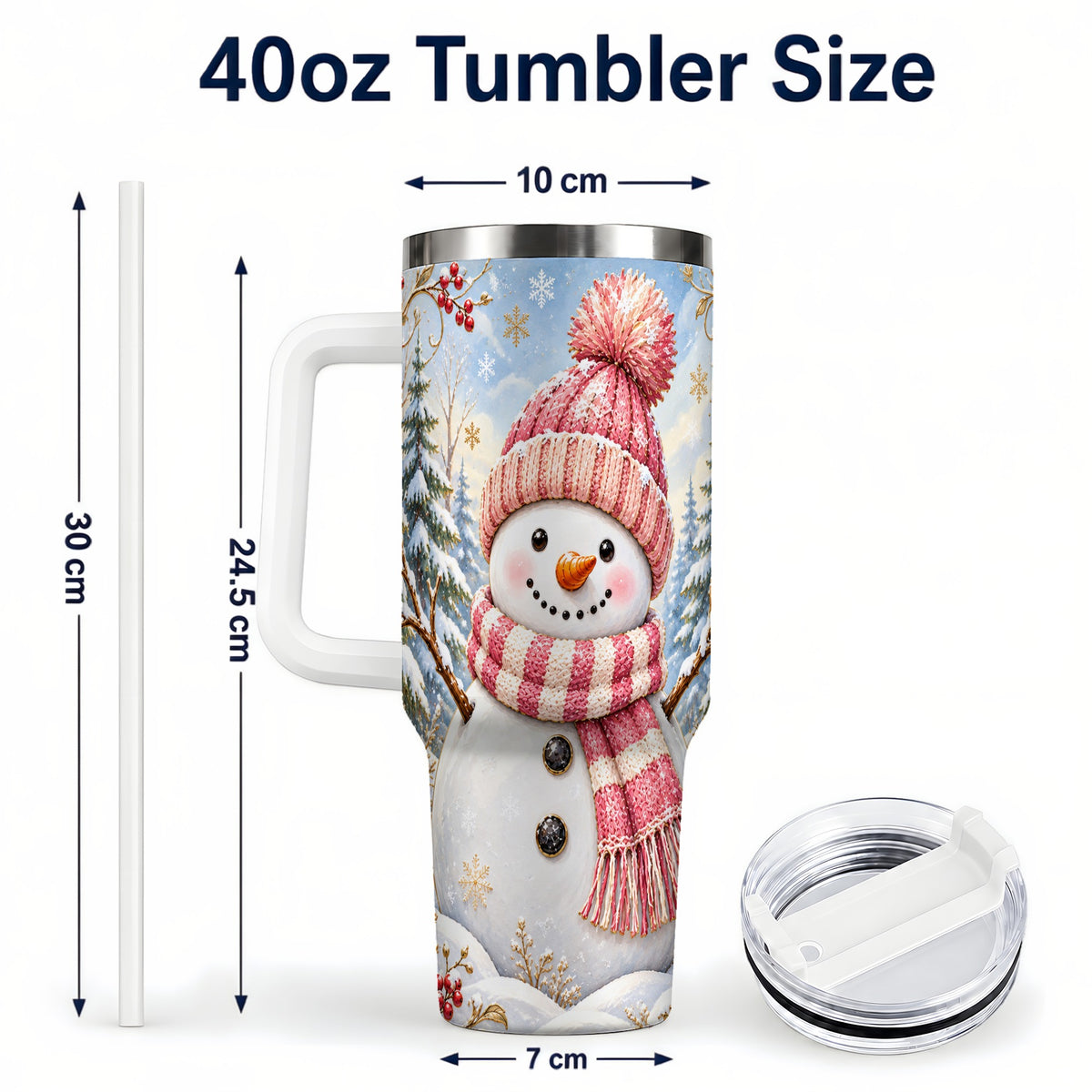 #pl[40oz|White] Pink Snowman 40oz Tumbler with Handle, Winter Stainless Steel Travel Cup