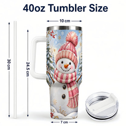 #pl[40oz|White] Pink Snowman 40oz Tumbler with Handle, Winter Stainless Steel Travel Cup