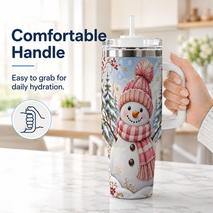 #pl[40oz|White] Pink Snowman 40oz Tumbler with Handle, Winter Stainless Steel Travel Cup