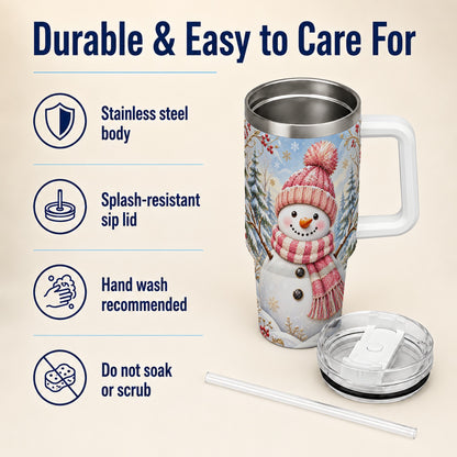 #pl[40oz|White] Pink Snowman 40oz Tumbler with Handle, Winter Stainless Steel Travel Cup