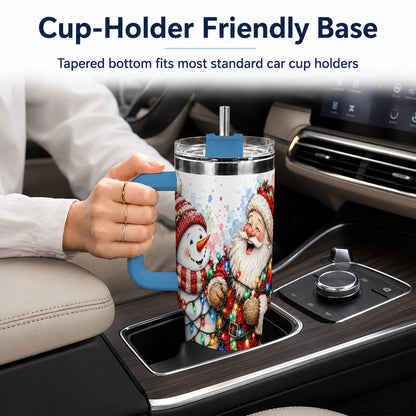 #pl[40oz|Blue] Santa Snowman 40oz Tumbler with Handle, Holiday Stainless Steel Travel Cup