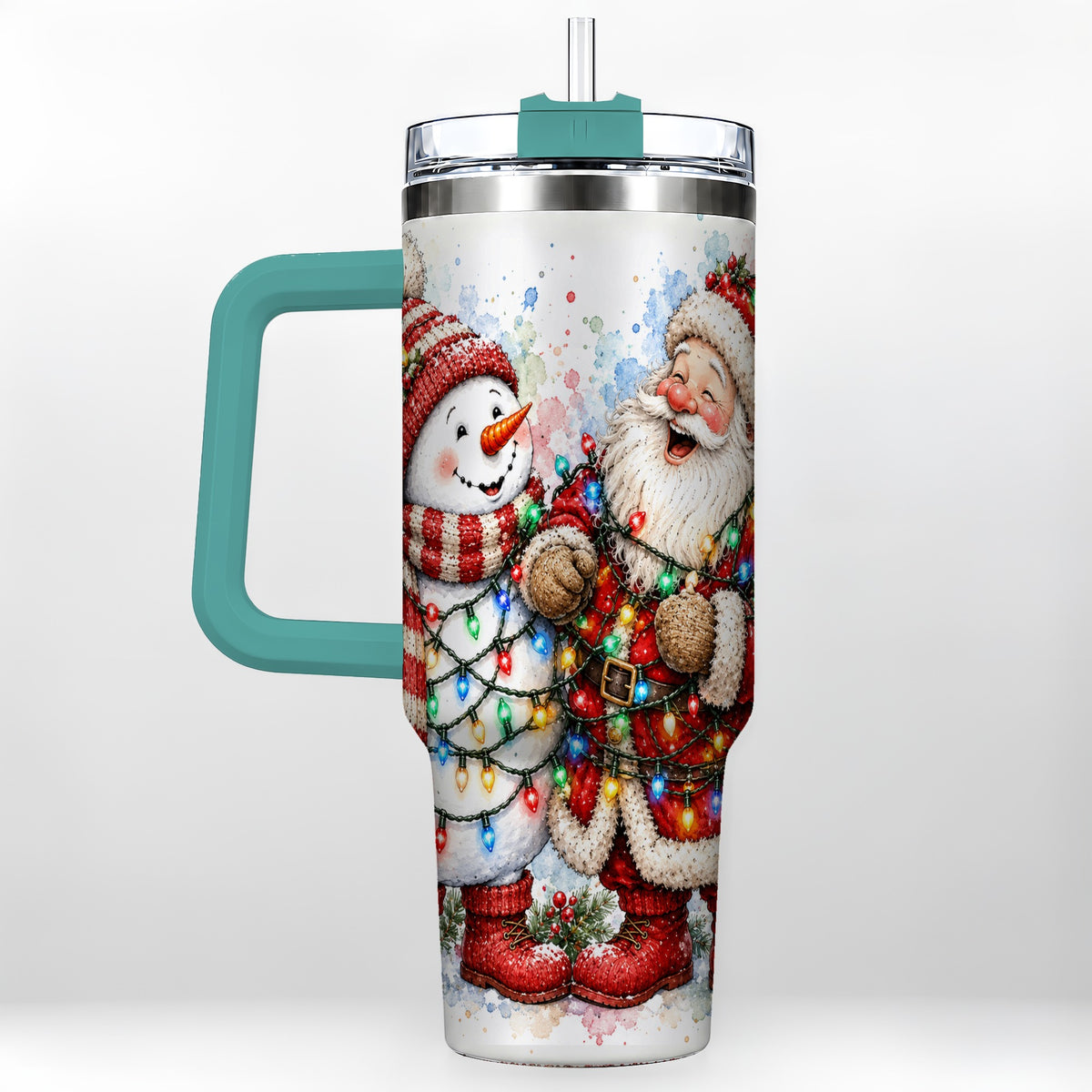 #pl[40oz|Green] Santa Snowman 40oz Tumbler with Handle, Holiday Stainless Steel Travel Cup