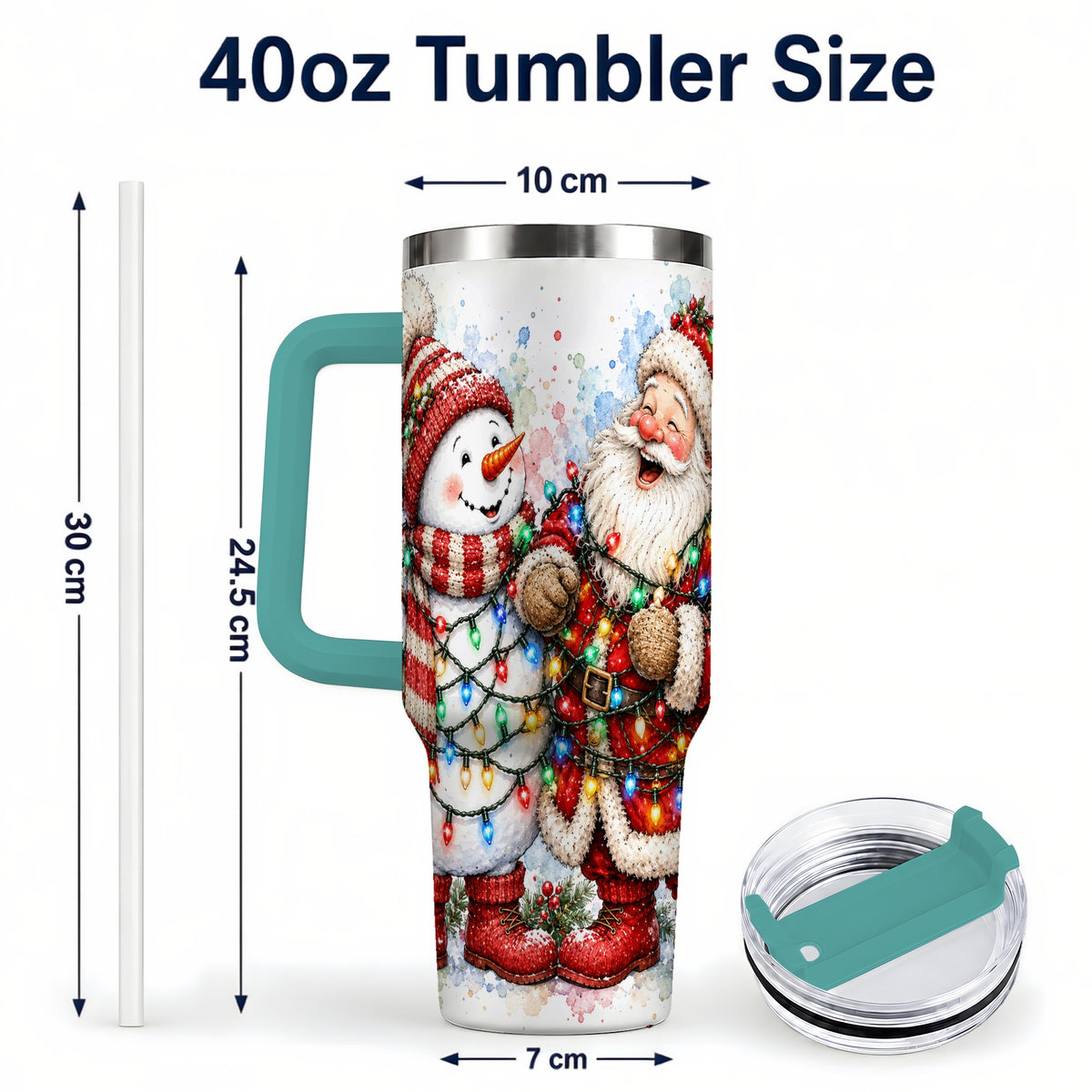 #pl[40oz|Green] Santa Snowman 40oz Tumbler with Handle, Holiday Stainless Steel Travel Cup
