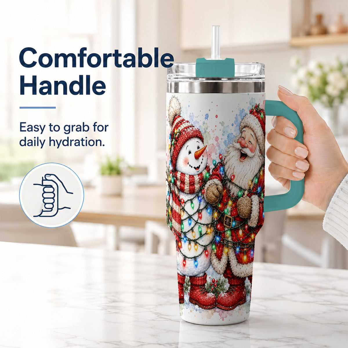 #pl[40oz|Green] Santa Snowman 40oz Tumbler with Handle, Holiday Stainless Steel Travel Cup