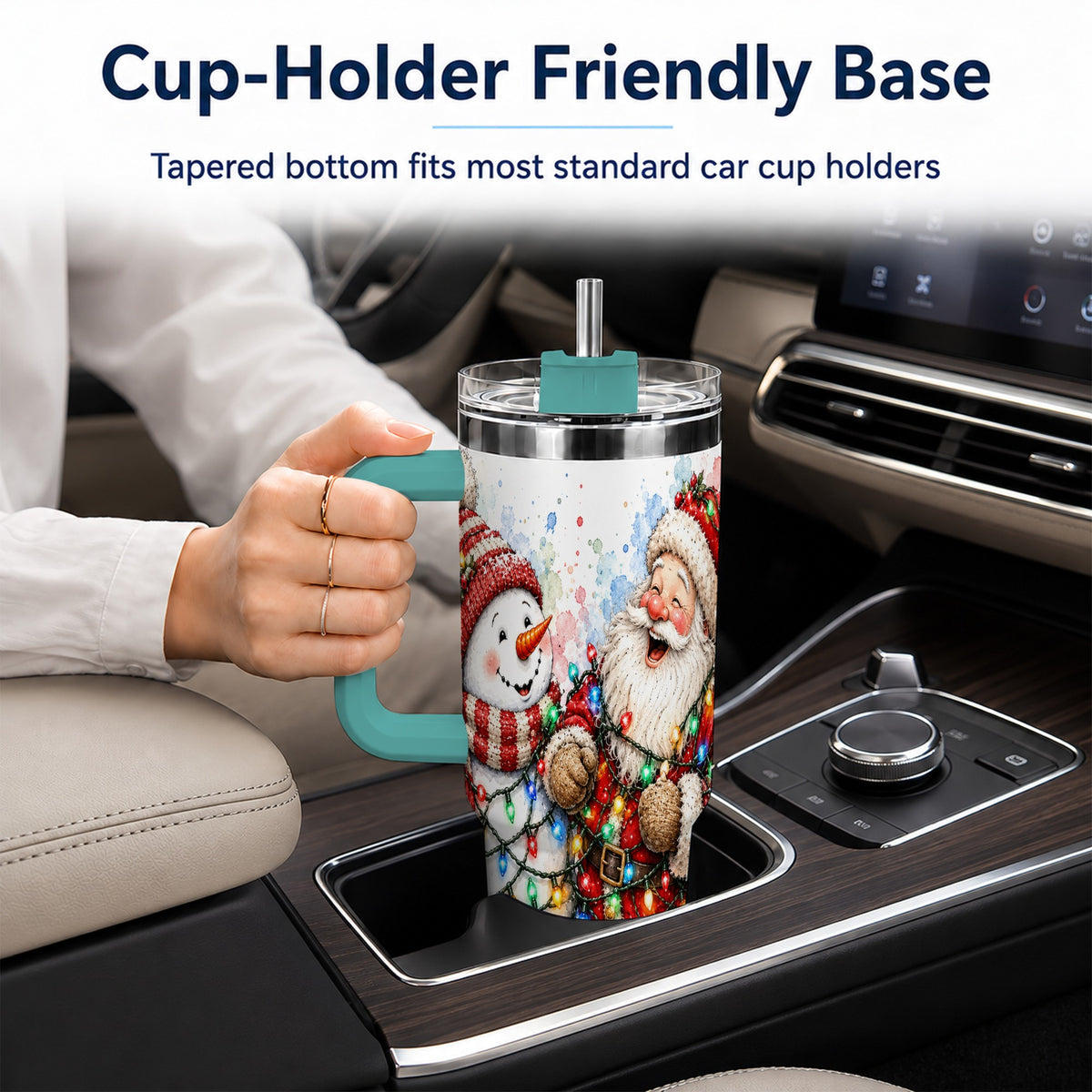 #pl[40oz|Green] Santa Snowman 40oz Tumbler with Handle, Holiday Stainless Steel Travel Cup