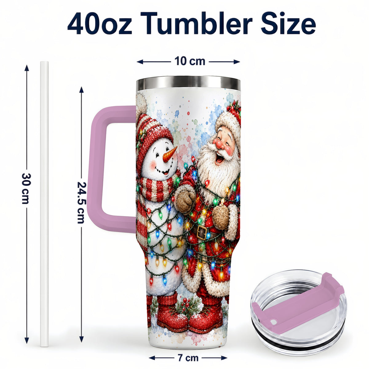 #pl[40oz|Pink] Santa Snowman 40oz Tumbler with Handle, Holiday Stainless Steel Travel Cup