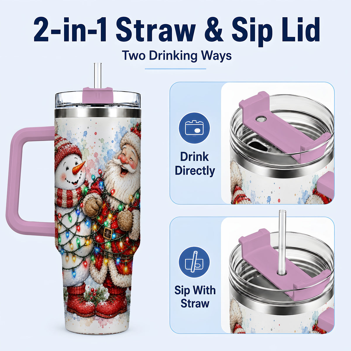 #pl[40oz|Pink] Santa Snowman 40oz Tumbler with Handle, Holiday Stainless Steel Travel Cup