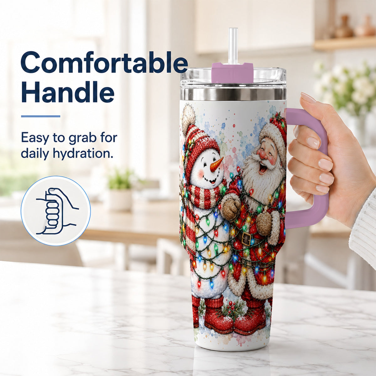 #pl[40oz|Pink] Santa Snowman 40oz Tumbler with Handle, Holiday Stainless Steel Travel Cup
