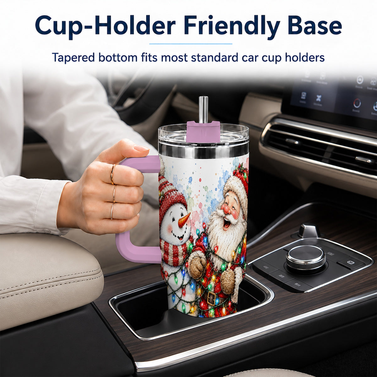 #pl[40oz|Pink] Santa Snowman 40oz Tumbler with Handle, Holiday Stainless Steel Travel Cup