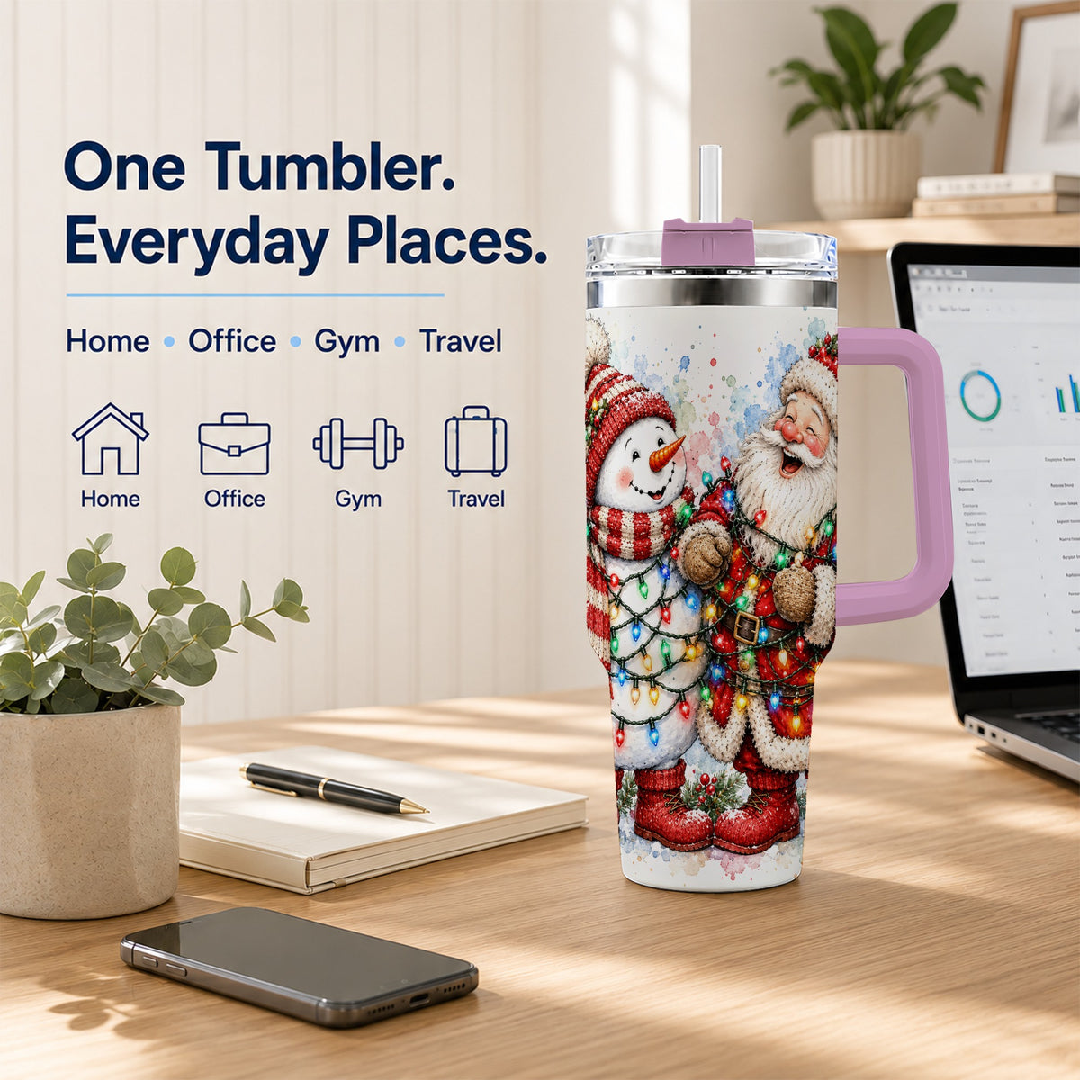 #pl[40oz|Pink] Santa Snowman 40oz Tumbler with Handle, Holiday Stainless Steel Travel Cup