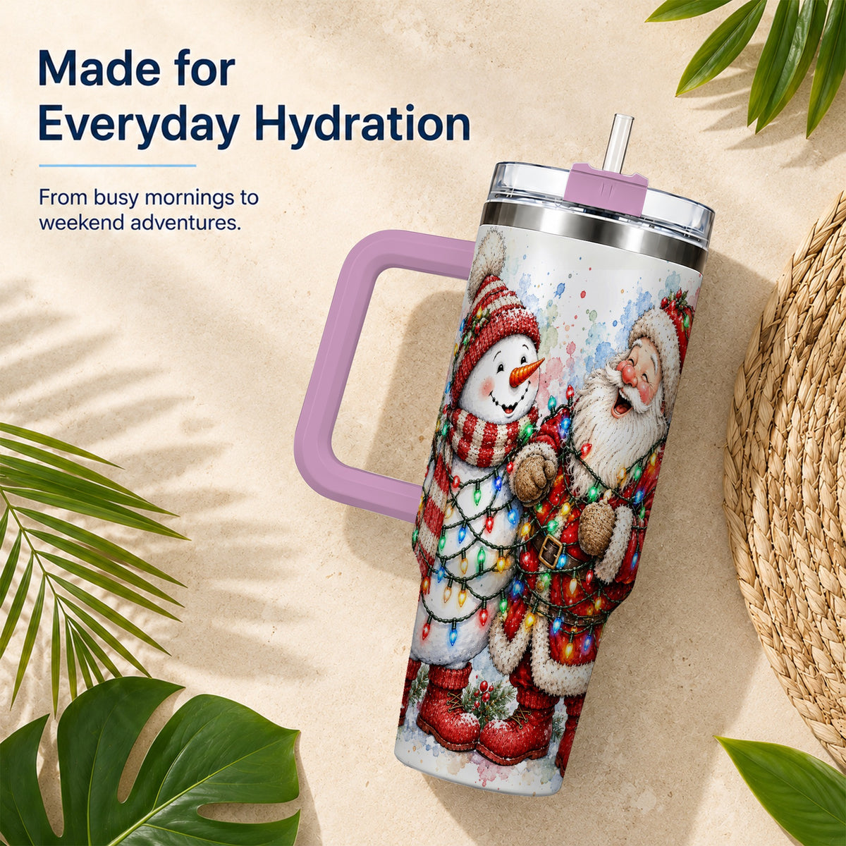 #pl[40oz|Pink] Santa Snowman 40oz Tumbler with Handle, Holiday Stainless Steel Travel Cup