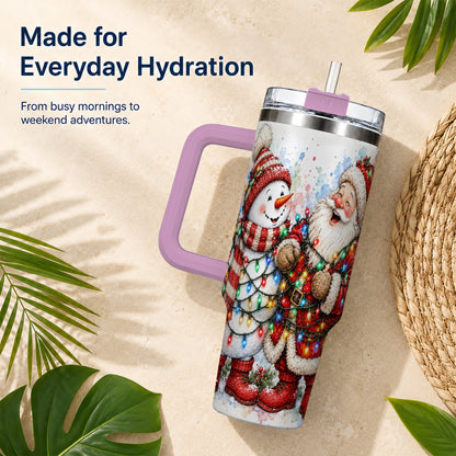 #pl[40oz|Pink] Santa Snowman 40oz Tumbler with Handle, Holiday Stainless Steel Travel Cup