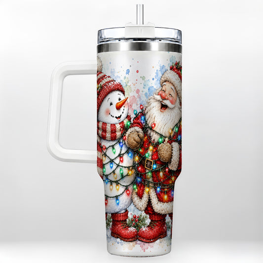 Santa Snowman 40oz Tumbler with Handle, Holiday Stainless Steel Travel Cup
