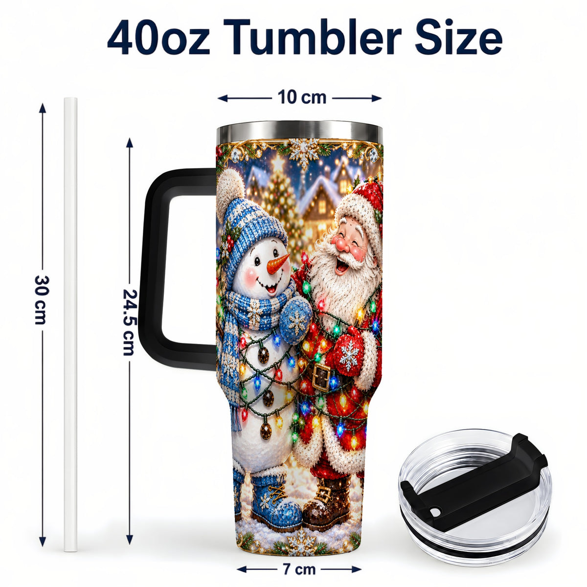 #pl[40oz|Black] Santa Snowman 40oz Tumbler with Handle, Christmas Stainless Steel Tumbler