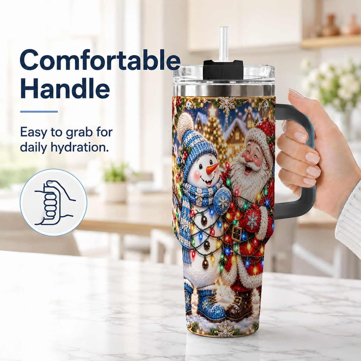 #pl[40oz|Black] Santa Snowman 40oz Tumbler with Handle, Christmas Stainless Steel Tumbler