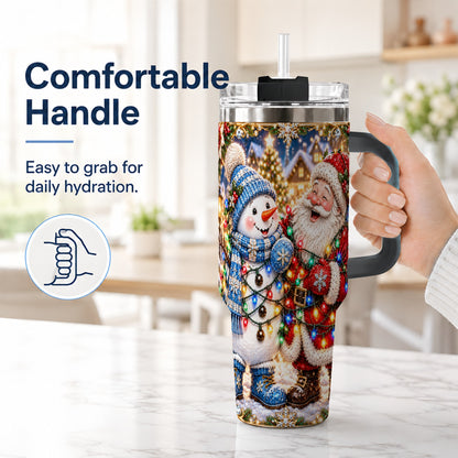 #pl[40oz|Black] Santa Snowman 40oz Tumbler with Handle, Christmas Stainless Steel Tumbler