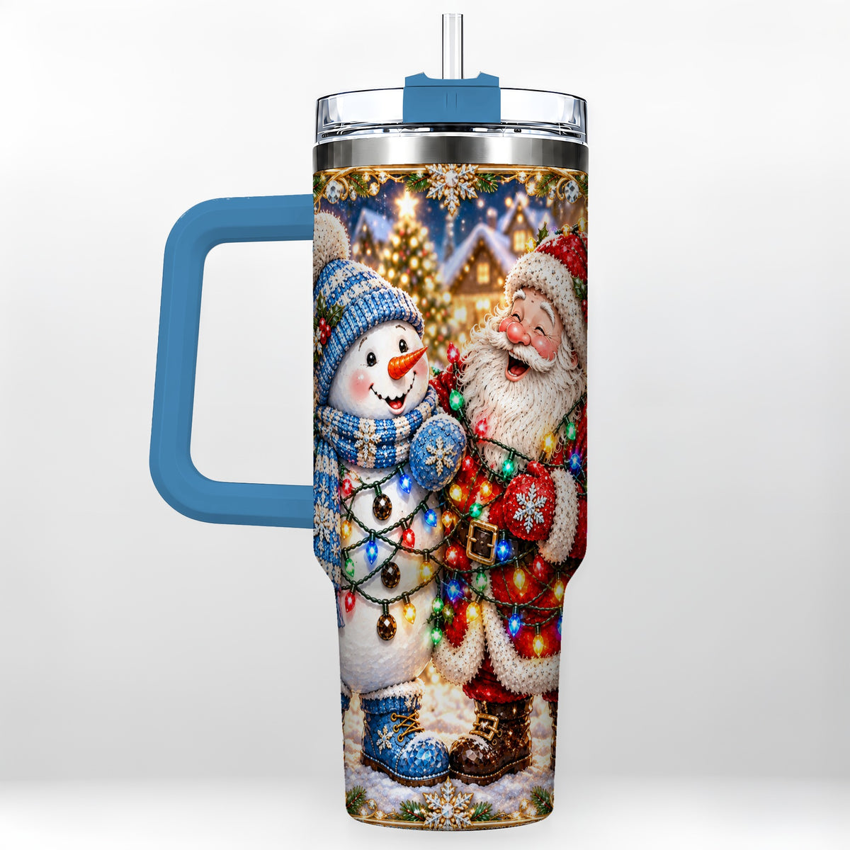 #pl[40oz|Blue] Santa Snowman 40oz Tumbler with Handle, Christmas Stainless Steel Tumbler