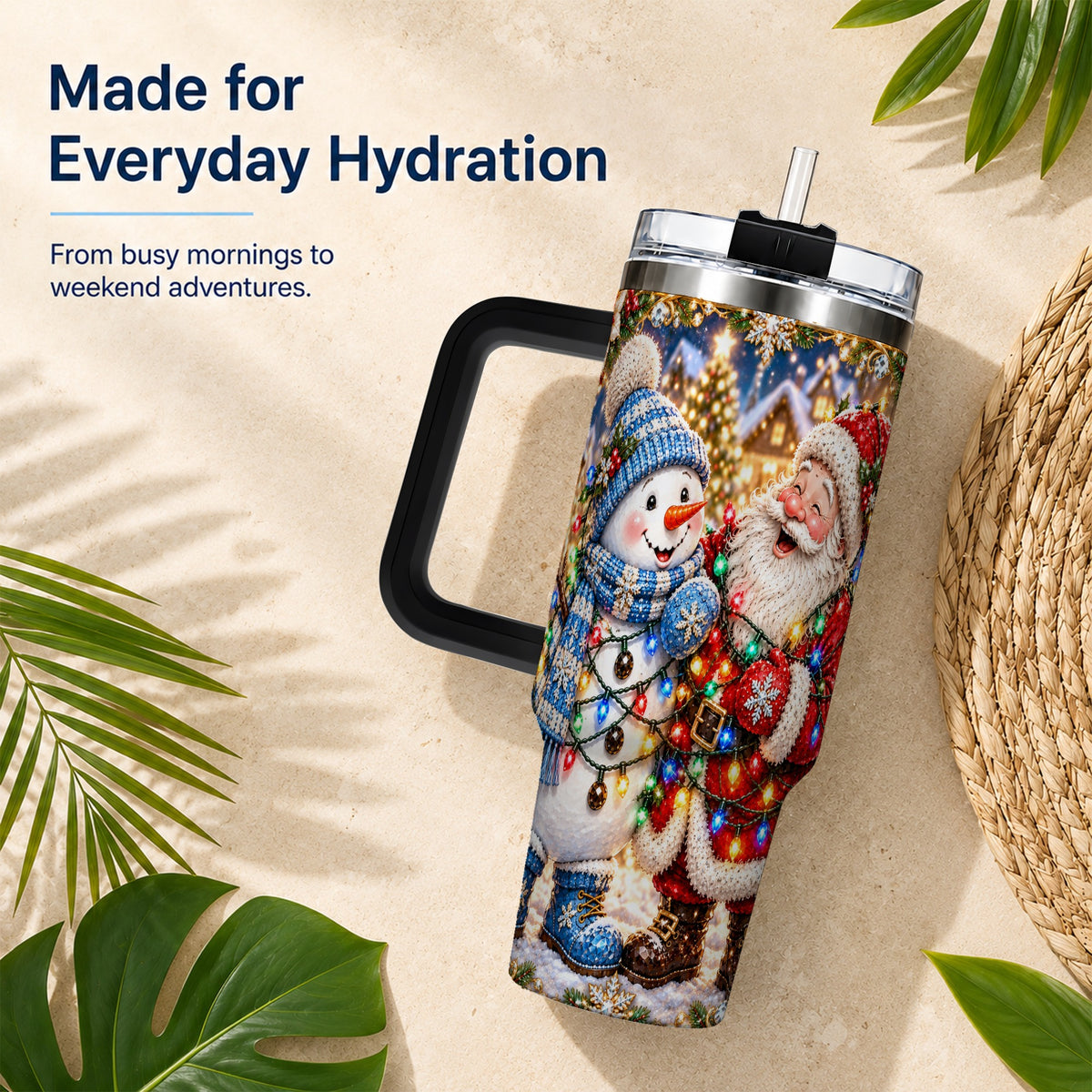 #pl[40oz|Black] Santa Snowman 40oz Tumbler with Handle, Christmas Stainless Steel Tumbler