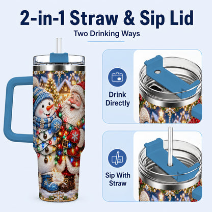 #pl[40oz|Blue] Santa Snowman 40oz Tumbler with Handle, Christmas Stainless Steel Tumbler