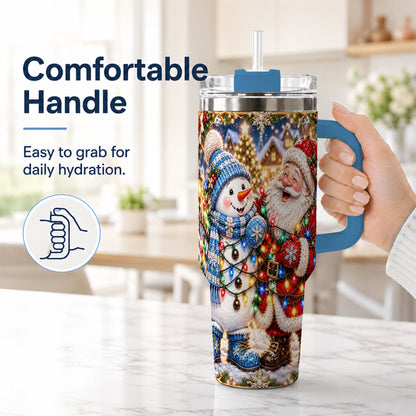 #pl[40oz|Blue] Santa Snowman 40oz Tumbler with Handle, Christmas Stainless Steel Tumbler