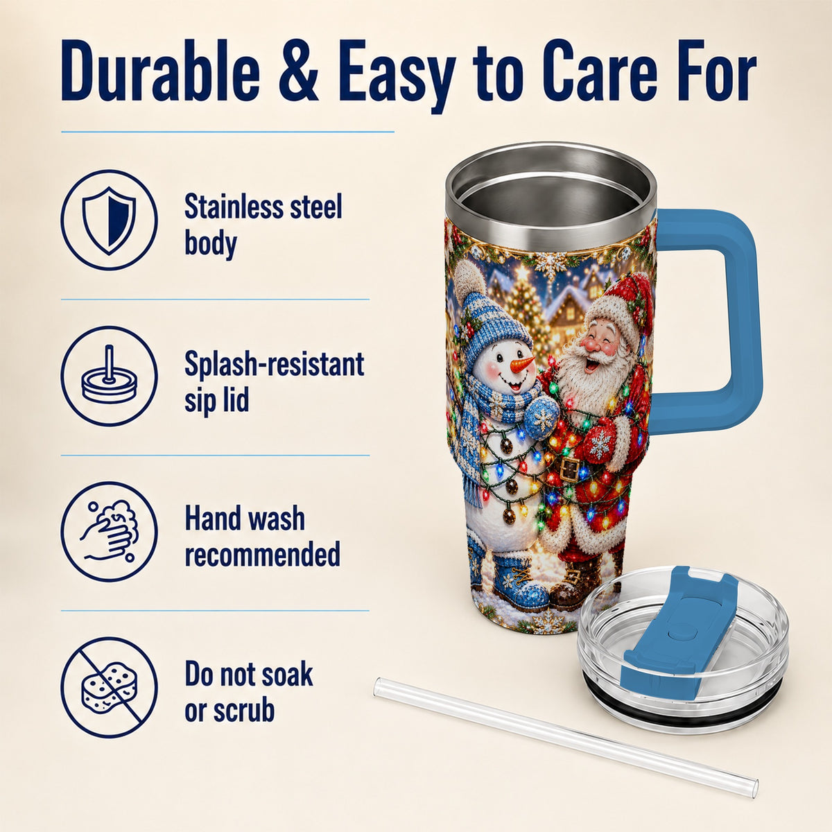 #pl[40oz|Blue] Santa Snowman 40oz Tumbler with Handle, Christmas Stainless Steel Tumbler