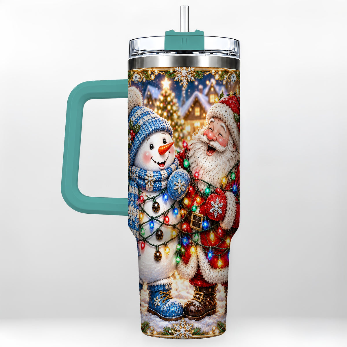 #pl[40oz|Green] Santa Snowman 40oz Tumbler with Handle, Christmas Stainless Steel Tumbler