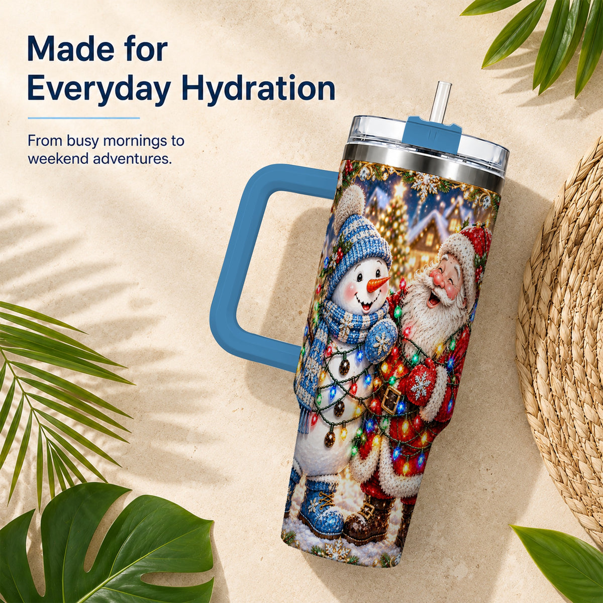 #pl[40oz|Blue] Santa Snowman 40oz Tumbler with Handle, Christmas Stainless Steel Tumbler