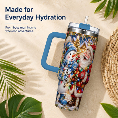 #pl[40oz|Blue] Santa Snowman 40oz Tumbler with Handle, Christmas Stainless Steel Tumbler