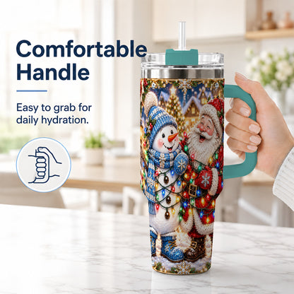#pl[40oz|Green] Santa Snowman 40oz Tumbler with Handle, Christmas Stainless Steel Tumbler