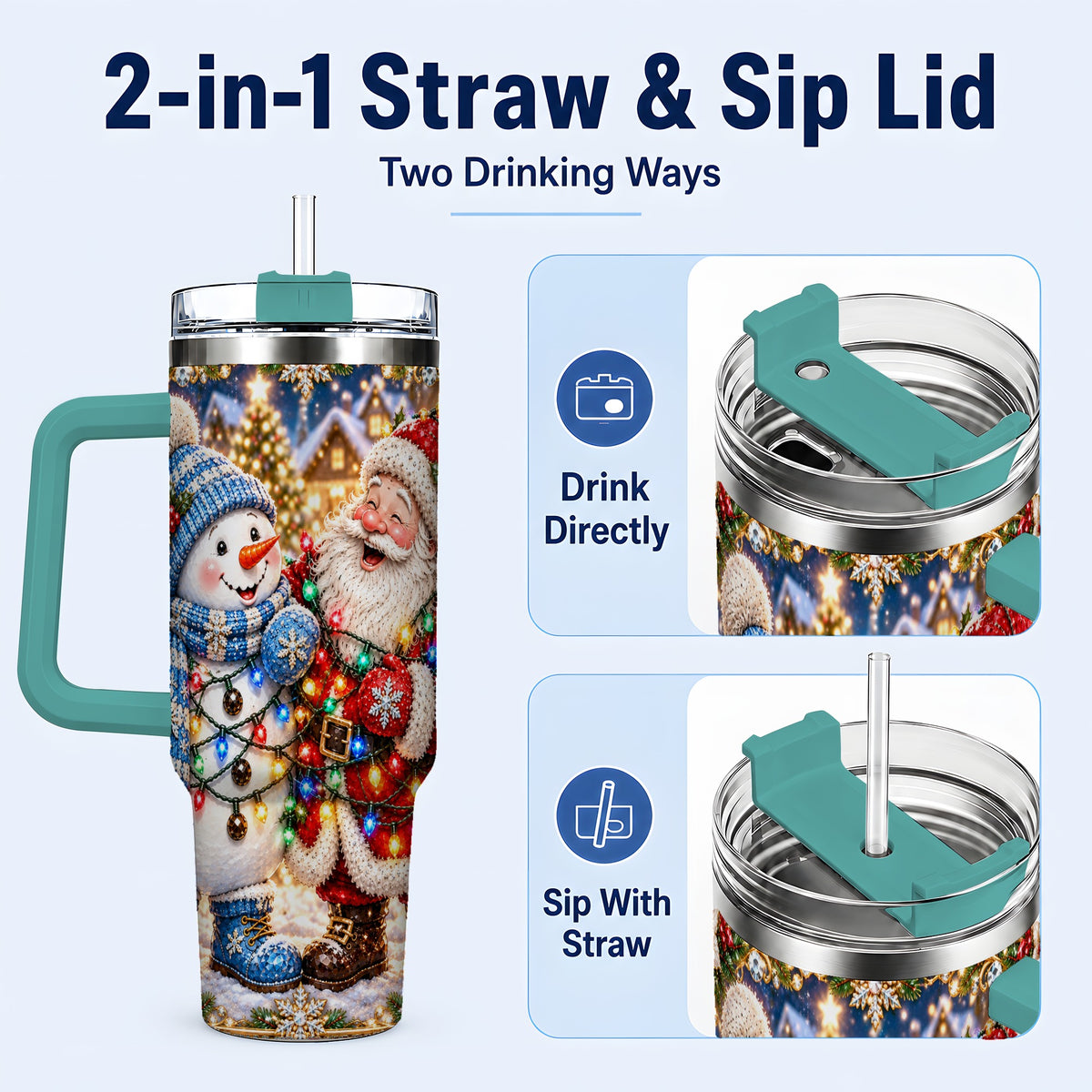 #pl[40oz|Green] Santa Snowman 40oz Tumbler with Handle, Christmas Stainless Steel Tumbler