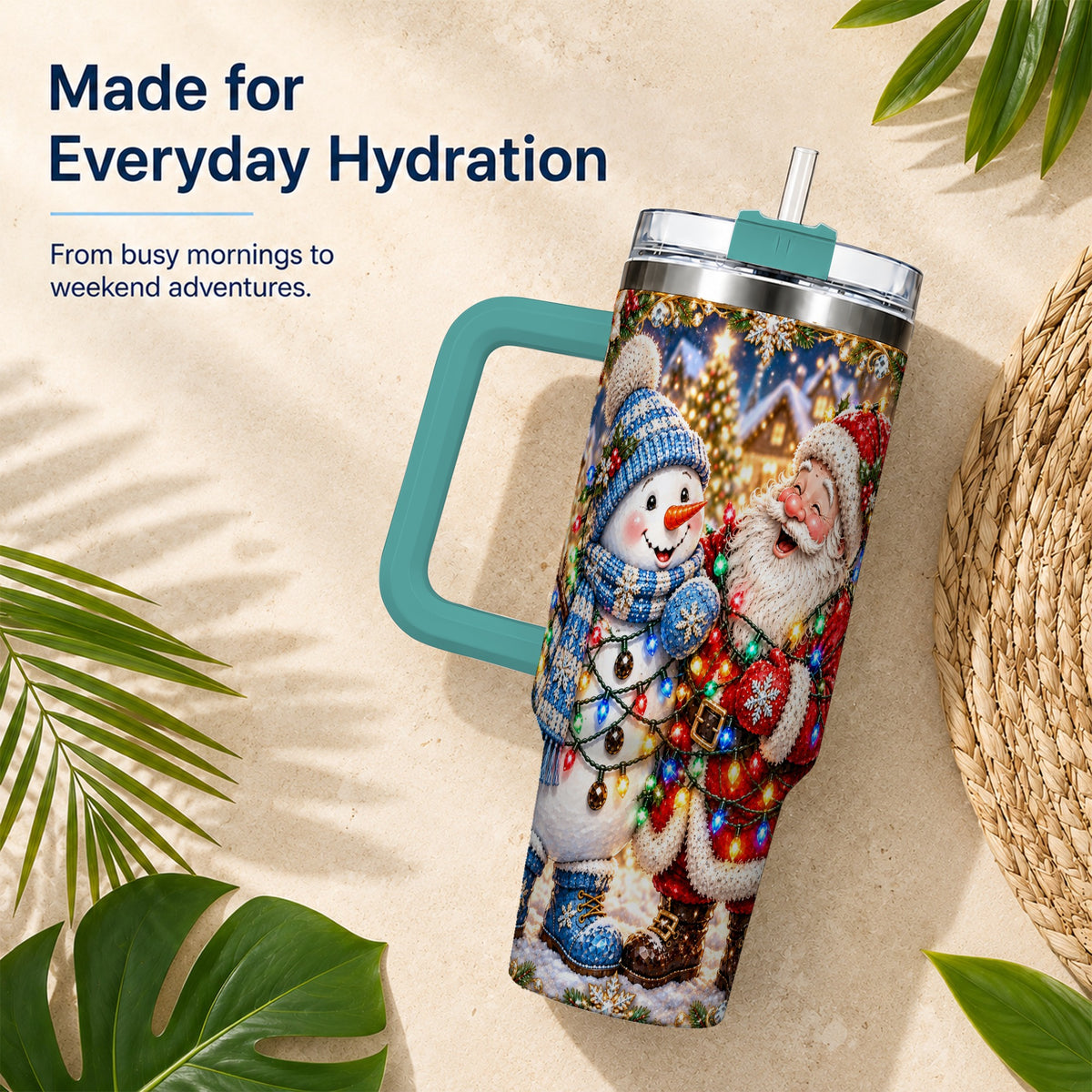 #pl[40oz|Green] Santa Snowman 40oz Tumbler with Handle, Christmas Stainless Steel Tumbler