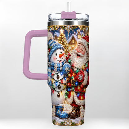 #pl[40oz|Pink] Santa Snowman 40oz Tumbler with Handle, Christmas Stainless Steel Tumbler