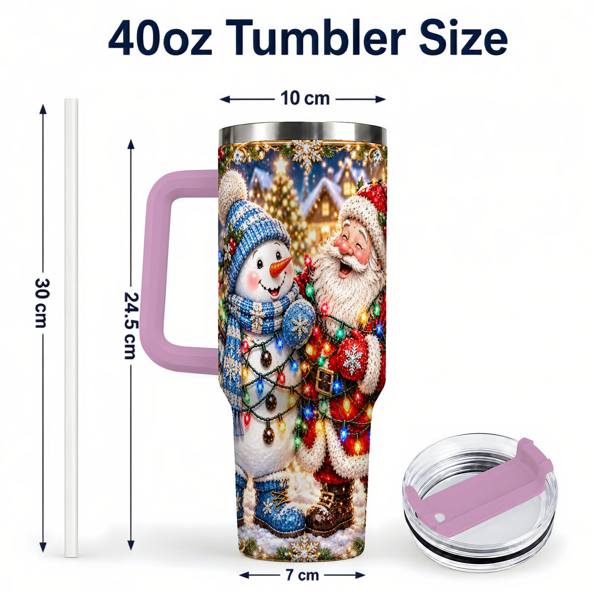 #pl[40oz|Pink] Santa Snowman 40oz Tumbler with Handle, Christmas Stainless Steel Tumbler