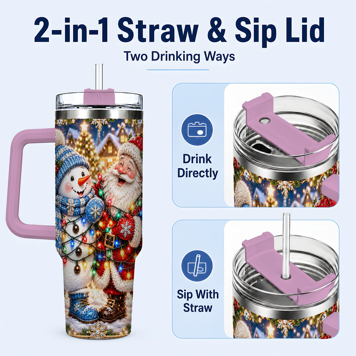 #pl[40oz|Pink] Santa Snowman 40oz Tumbler with Handle, Christmas Stainless Steel Tumbler