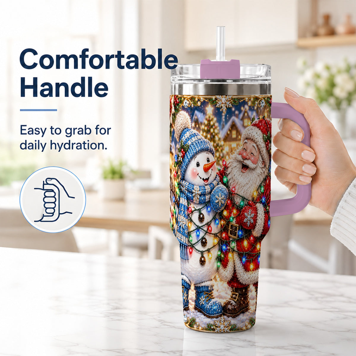 #pl[40oz|Pink] Santa Snowman 40oz Tumbler with Handle, Christmas Stainless Steel Tumbler
