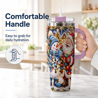 #pl[40oz|Pink] Santa Snowman 40oz Tumbler with Handle, Christmas Stainless Steel Tumbler
