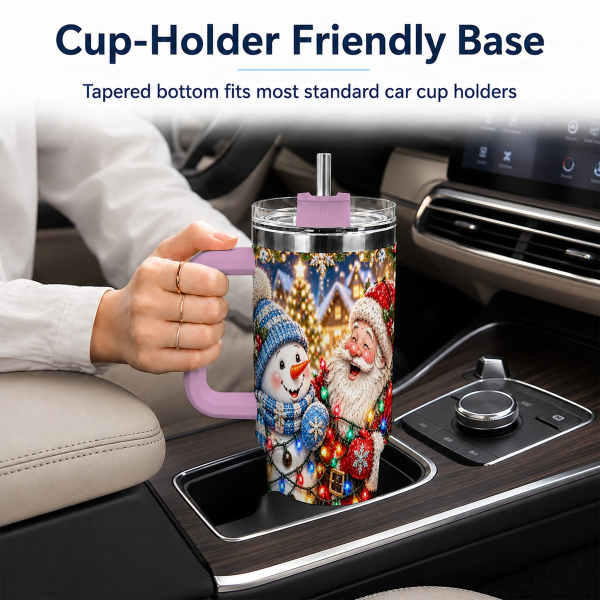 #pl[40oz|Pink] Santa Snowman 40oz Tumbler with Handle, Christmas Stainless Steel Tumbler