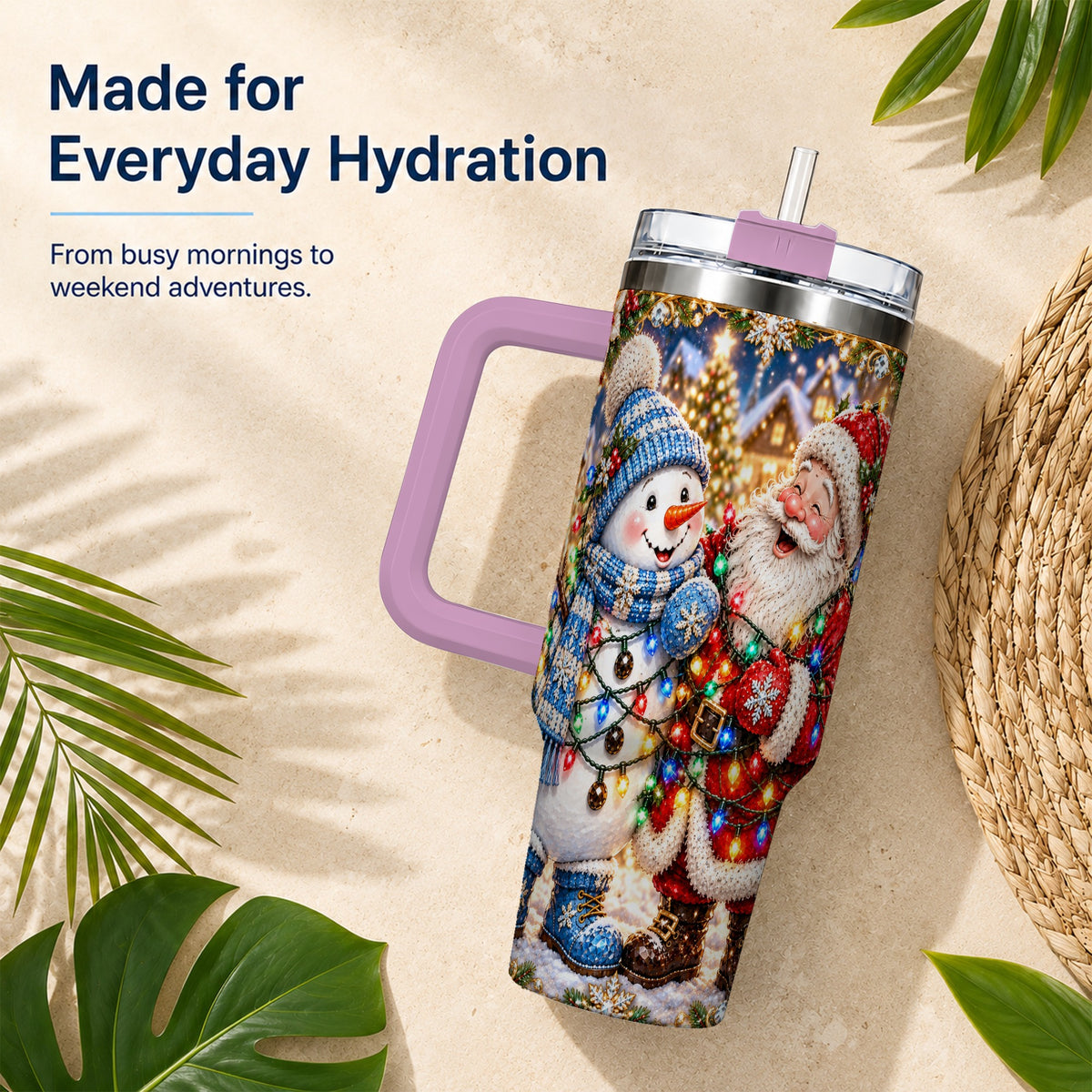 #pl[40oz|Pink] Santa Snowman 40oz Tumbler with Handle, Christmas Stainless Steel Tumbler