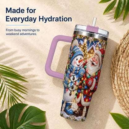#pl[40oz|Pink] Santa Snowman 40oz Tumbler with Handle, Christmas Stainless Steel Tumbler