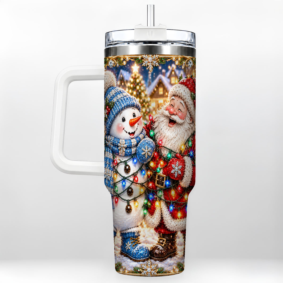 Santa Snowman 40oz Tumbler with Handle, Christmas Stainless Steel Tumbler