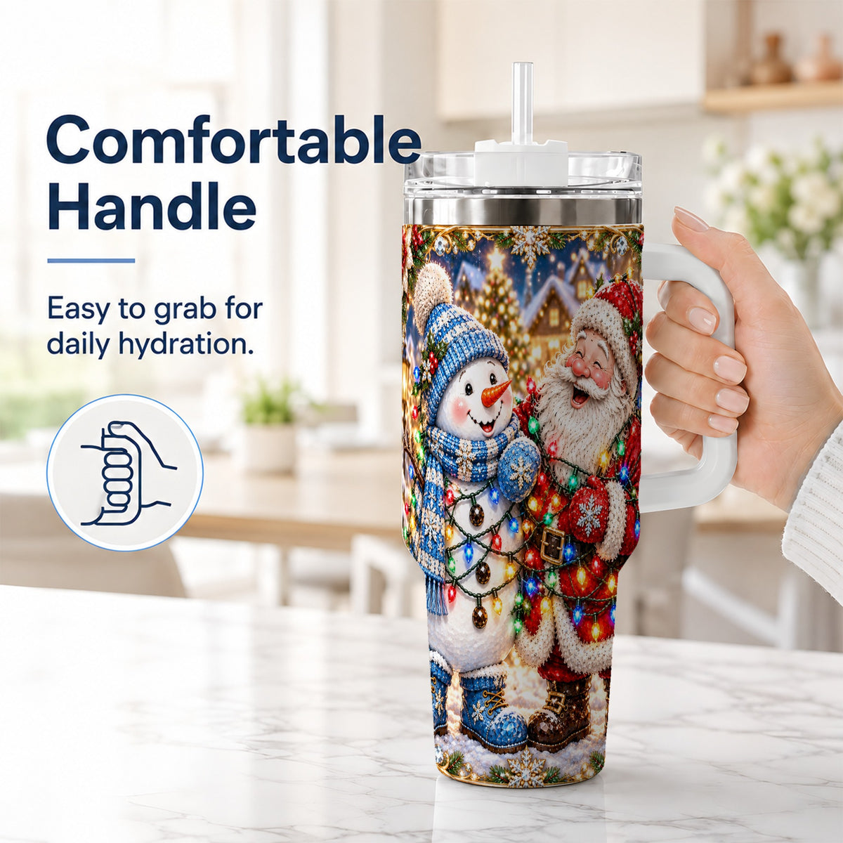 #pl[40oz|White] Santa Snowman 40oz Tumbler with Handle, Christmas Stainless Steel Tumbler