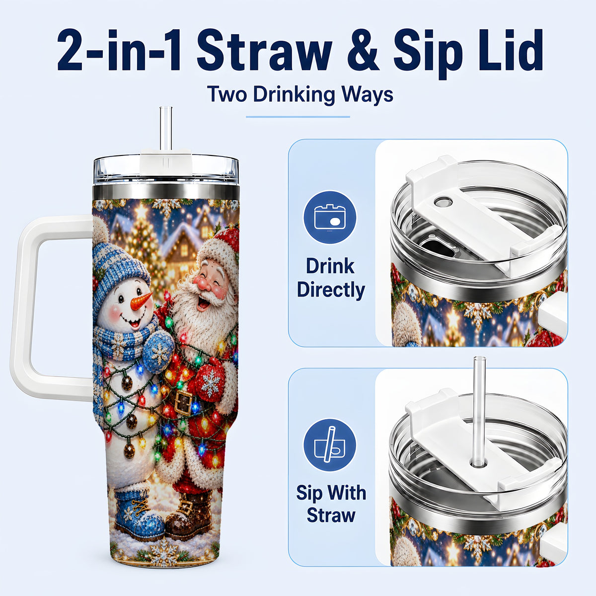 #pl[40oz|White] Santa Snowman 40oz Tumbler with Handle, Christmas Stainless Steel Tumbler