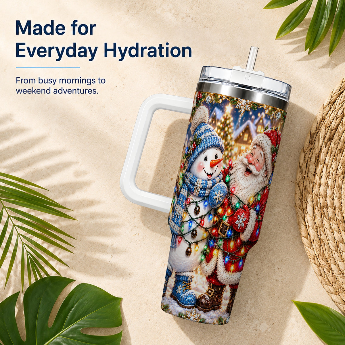 #pl[40oz|White] Santa Snowman 40oz Tumbler with Handle, Christmas Stainless Steel Tumbler