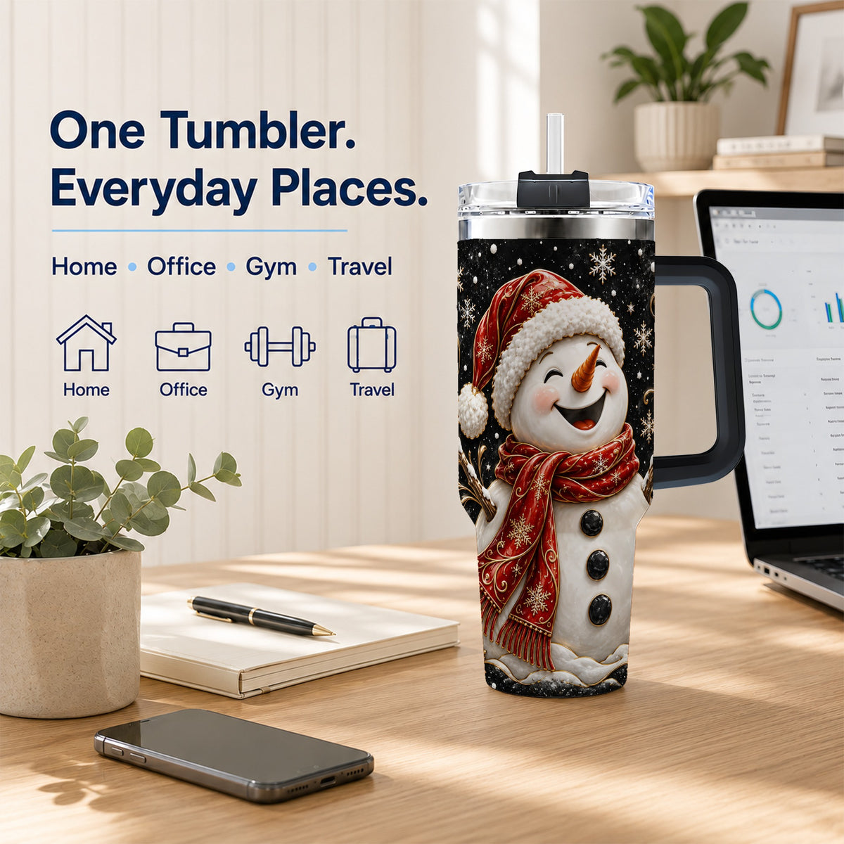 #pl[40oz|Black] Happy Snowman 40oz Tumbler with Handle, Winter Stainless Steel Tumbler