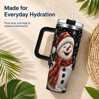 #pl[40oz|Black] Happy Snowman 40oz Tumbler with Handle, Winter Stainless Steel Tumbler