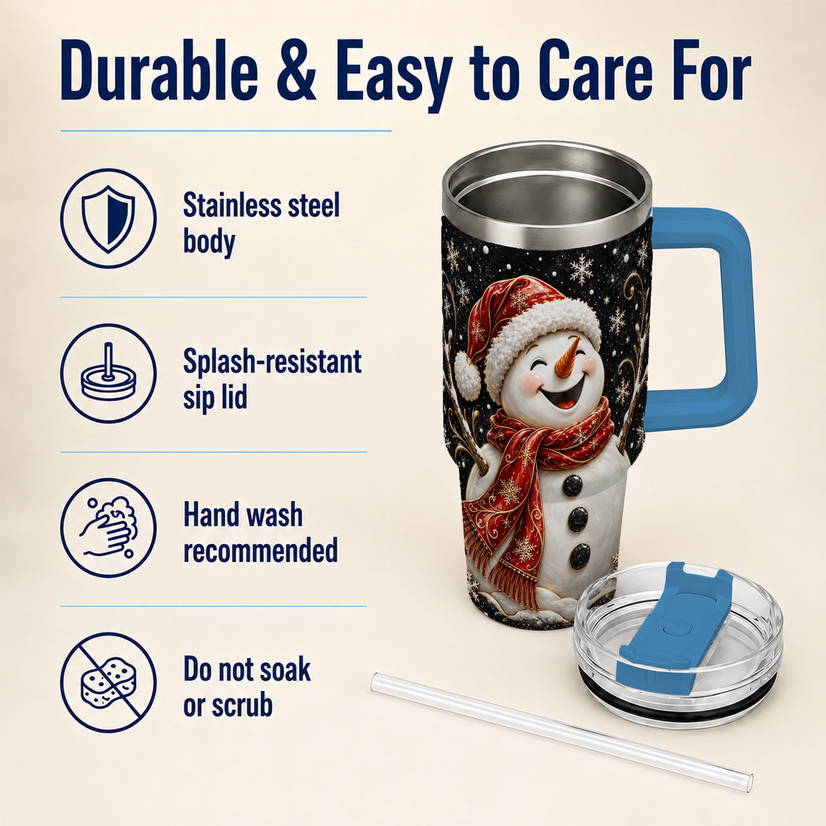 #pl[40oz|Blue] Happy Snowman 40oz Tumbler with Handle, Winter Stainless Steel Tumbler