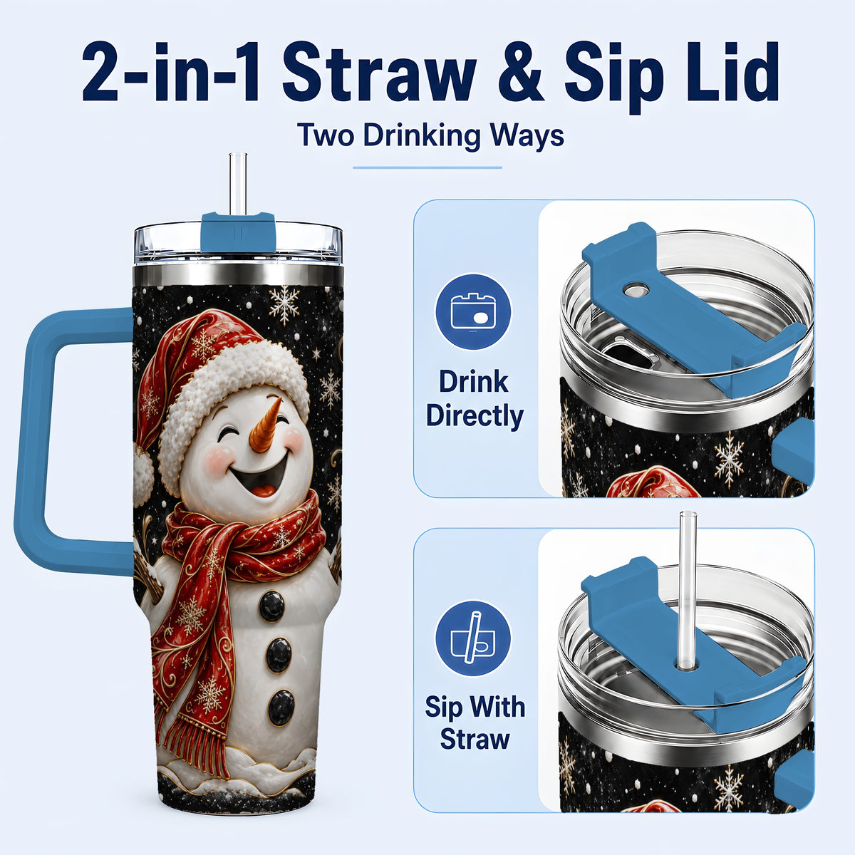 #pl[40oz|Blue] Happy Snowman 40oz Tumbler with Handle, Winter Stainless Steel Tumbler