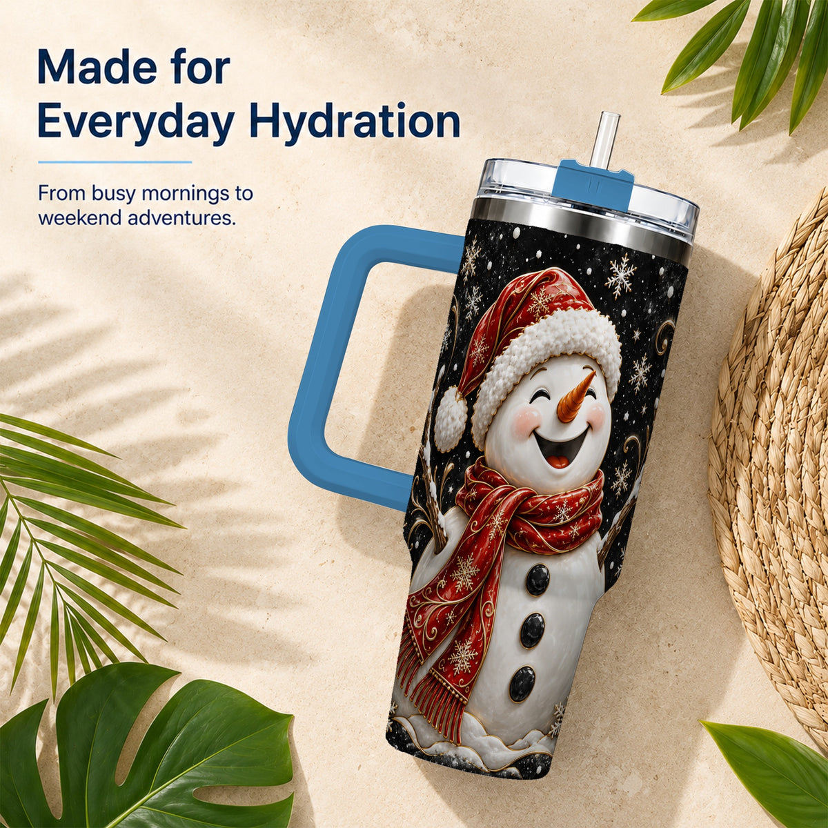#pl[40oz|Blue] Happy Snowman 40oz Tumbler with Handle, Winter Stainless Steel Tumbler