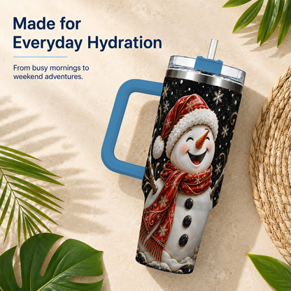 #pl[40oz|Blue] Happy Snowman 40oz Tumbler with Handle, Winter Stainless Steel Tumbler